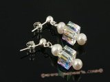 spe226 Genuine Freshwater Pearl & clear square Austria Crystal Stud Earrings