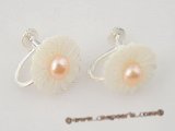 spe260 Sterling silver carve flower shell and pearl screwback clip earrings