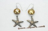 spe403  golden coin pearl earring with antiqued silve plated starfish