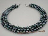 spn028 Hand wrapped triple rows round shell pearl necklace in black color