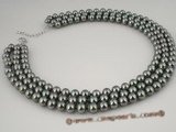 spn029 Wholesale Hand knotted dark green shell pearl necklace in triple strands