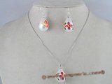 spset002 White tear-drop printed flower shell pearl necklace and earrings set