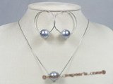 spset022 Grey round shell pearl pendant and earrings set with sterling chain