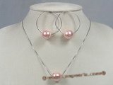 spset024 Pink shell pearl with zircon beads pendant& earrings set