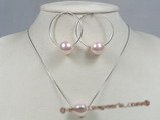 spset028 Pink seashell pearl pendant&hoop earrings jewelry set