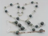 spset037 Sterling Black sea shell pearl& faceted crystal necklace earrings set