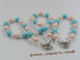 spset038 10mm pink & turquoise color shell pearl necklace bracelet set