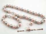 spset054 12mm peach and grey shell pearl necklace jewelry set in wholesale