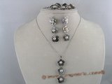 sset008 Carved flower black shell necklace, bracelet &  earrings set with 5-5.5mm pink pearl