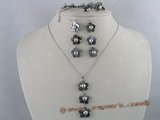 sset010 Carved flower black shell necklace, bracelet &  earrings set with 5-5.5mm purple pearl