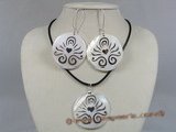 sset017 50mm W/ Handpainted round shell pendant and earrings set
