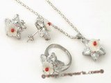 sset028 Blooming flower design carve shell and red coral pendant, ring & earrings set with 18KGP mounting