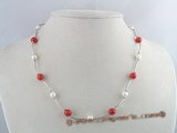 tcpn027 Sterling TIN-CUP necklace with potato pearl and coral beads