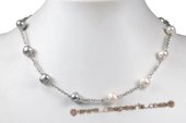 tcpn067 Silver toned 8-9mm White&Grey Potato Pearl Tin-cip Necklace