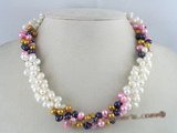 tpn013 three twisted strands 6-7mm white mixing multi-color side-drilled pearls necklace