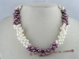 tpn014 three twisted strands 6-7mm white mixing purple color side-drilled pearls necklace