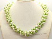 tpn017 three twisted strands 6-7mm white mixing green top-drilled pearls necklace