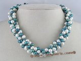 tpn018 three twisted strands 6-7mm white mixing dark bule top-drilled pearls necklace