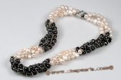 tpn045 Three twisted strands 7-8mm black&white nugget pearl necklace