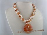 tpn047 three strands 7-8mm white potato cultred pearl twisted necklace with agate beads