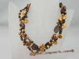 tpn132 Equally stunning rich color pearl and smoking quartz triple row twisted necklace