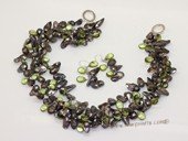 tpn143 Fashion Black blister pearl& Green crystal twisted necklace in Triple strands