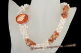 tpn152 White side drilled pearl & red agate clustered choker necklace