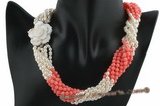 tpn155 Nine rows Freshwater pearl and pink coral twisted Necklace