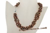 tpn163 6-7mm dark coffee side-dirlled cultured pearl twisted necklace in 4 rows