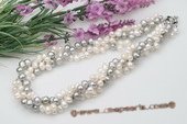 tpn180 White Mix Grey Freshwater Potato Pearl Twisted Necklace in Triple Rows