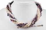 tpn188 amethyst beads and 4-5mm  Cultured Freshwater Pearl five strand  Twist Pearl Necklace