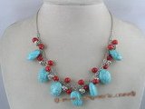 tqn014 15*19mm Oval BlueTurquoise Necklace with Red Coral & silver chain