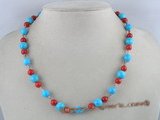 tqn016 10mm round turquoise necklace alternating with coral beads