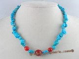 tqn021 nature bule nugget  turquoise bead necklace with red coral beads