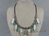 tqn037 white 12*30mm stick turquoise black ripple leather necklace