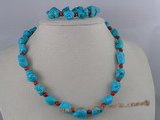 tqset002 nugget bule turquoise with 6mm coral beads neckalce&braclets set