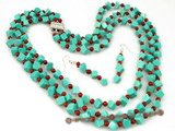 tqset019 Wholesale Square green turquoise and red coral triple strand necklace