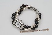 wbr107 Handmade White and Black Cultured Pearl Twisted Watch Bracelet