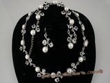 wn032 Leaves pattern CZ valentine's necklace set with white bread pearl
