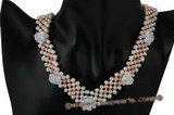 wn053 Hand knitted V style potato pearl Wedding Necklace with heart crystal