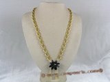 ZN006 Handmade yellow oval zircon necklace with black layers flower pendant