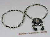 ZN034 Black cubic crystals necklace with black zircon beads flower pendant