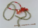 ZN054 Olive potato seed pearl& red layer flower zircon necklace wholesale